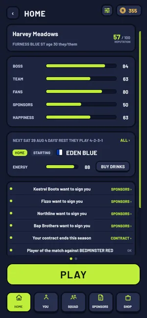 The career home screen: reputation, the Boss, Team, Fans, Sponsors and Happiness meters, the next fixture and sponsor offers.