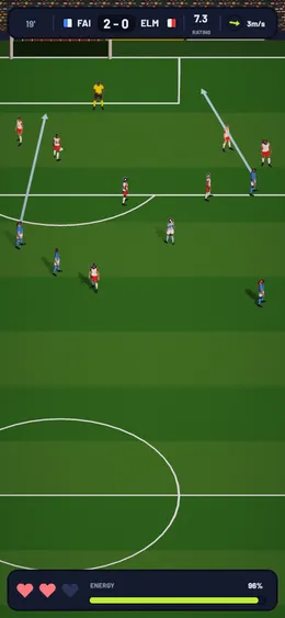 A match moment from above: the ball at your feet outside the box, two teammates' runs drawn as arrows toward goal, and the defence holding its line.