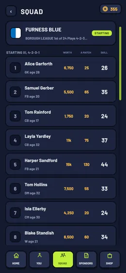 The squad screen: the starting eleven in a 4-2-3-1, with each player's worth, wage and skill.